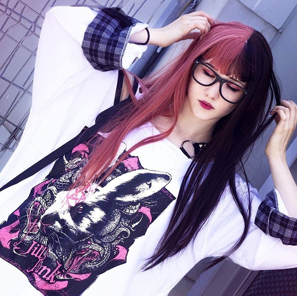 JillpunkオリジナルスタイルKERA MedUsagi蛇髪メドゥーサウサギタータンチェック柄アシンメトリーゆったりTシャツ メンズ レディーズ ストリート系 カジュアル おしゃれ大きいサイズ男女兼用ヒップホップ