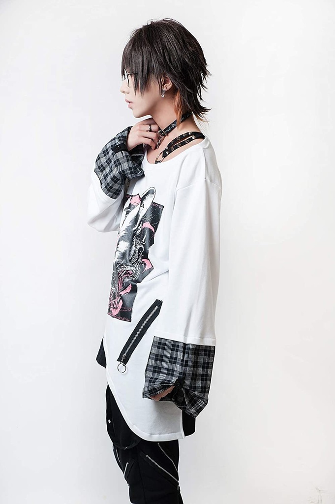 JillpunkオリジナルスタイルKERA MedUsagi蛇髪メドゥーサウサギタータンチェック柄アシンメトリーゆったりTシャツ メンズ レディーズ ストリート系 カジュアル おしゃれ大きいサイズ男女兼用ヒップホップ