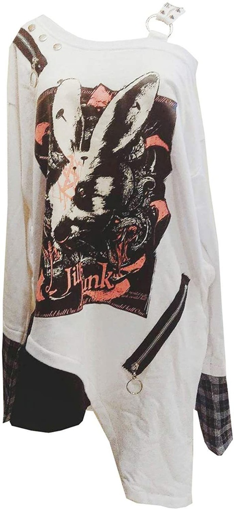 JillpunkオリジナルスタイルKERA MedUsagi蛇髪メドゥーサウサギタータンチェック柄アシンメトリーゆったりTシャツ メンズ レディーズ ストリート系 カジュアル おしゃれ大きいサイズ男女兼用ヒップホップ