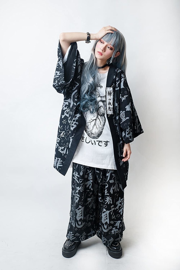 JillpunkオリジナルKERA 高千穂神の赦免禁呪ヴィンテージ漢字和風付け札付きワイド剣道パンツ アニメメンズ レディースV系