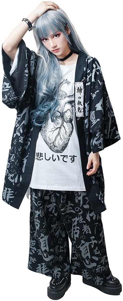 JillpunkオリジナルKERA 高千穂神の赦免禁呪ヴィンテージ漢字和風付け札付きワイド剣道パンツ アニメメンズ レディースV系