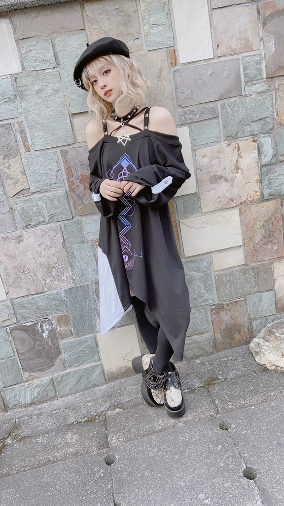 JillpunkオリジナルパンクKERA ドリームキャッチャーdreamcatcherオフショルダー両面プリントセクシーワンピース・ドレスアシンメトリーゆったりチュニック メンズ レディー V系カッコいい おしゃれ大きいサイズ男女兼用ファッション秋葉系