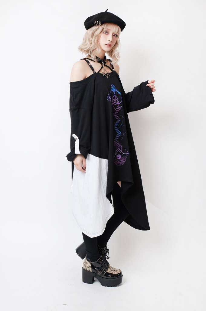 JillpunkオリジナルパンクKERA ドリームキャッチャーdreamcatcherオフショルダー両面プリントセクシーワンピース・ドレスアシンメトリーゆったりチュニック メンズ レディー V系カッコいい おしゃれ大きいサイズ男女兼用ファッション秋葉系