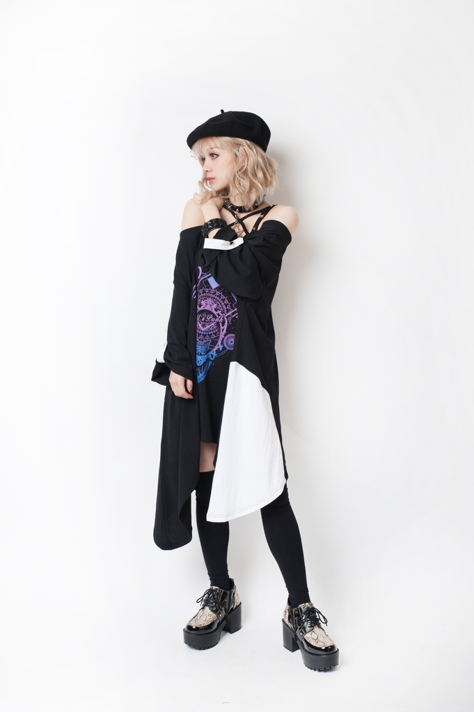 JillpunkオリジナルパンクKERA ドリームキャッチャーdreamcatcherオフショルダー両面プリントセクシーワンピース・ドレスアシンメトリーゆったりチュニック メンズ レディー V系カッコいい おしゃれ大きいサイズ男女兼用ファッション秋葉系