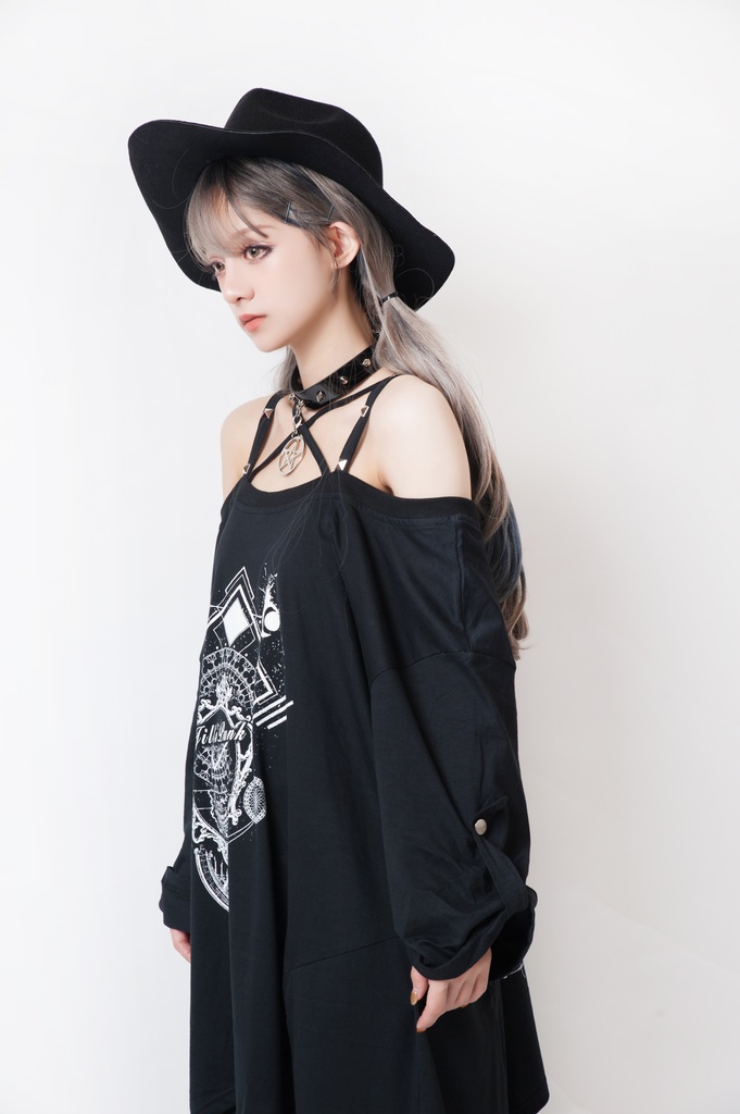 JillpunkオリジナルパンクKERA ドリームキャッチャーdreamcatcherオフショルダー両面プリントセクシーワンピース・ドレスアシンメトリーゆったりチュニック メンズ レディー V系カッコいい おしゃれ大きいサイズ男女兼用ファッション秋葉系