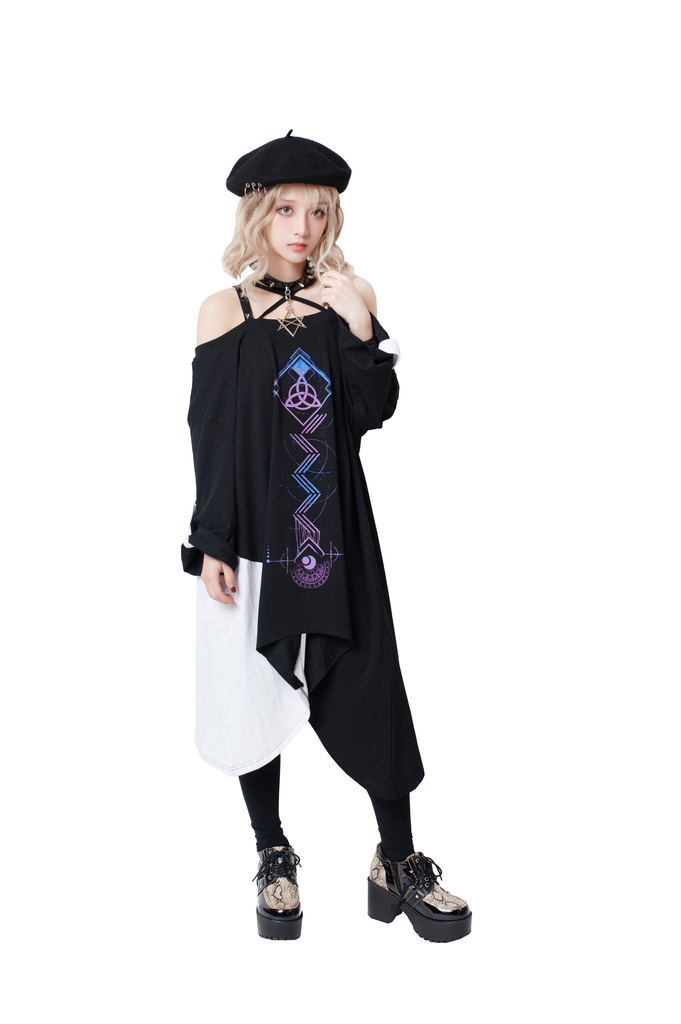 JillpunkオリジナルパンクKERA ドリームキャッチャーdreamcatcherオフショルダー両面プリントセクシーワンピース・ドレスアシンメトリーゆったりチュニック メンズ レディー V系カッコいい おしゃれ大きいサイズ男女兼用ファッション秋葉系