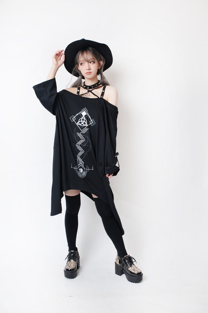 JillpunkオリジナルパンクKERA ドリームキャッチャーdreamcatcherオフショルダー両面プリントセクシーワンピース・ドレスアシンメトリーゆったりチュニック メンズ レディー V系カッコいい おしゃれ大きいサイズ男女兼用ファッション秋葉系