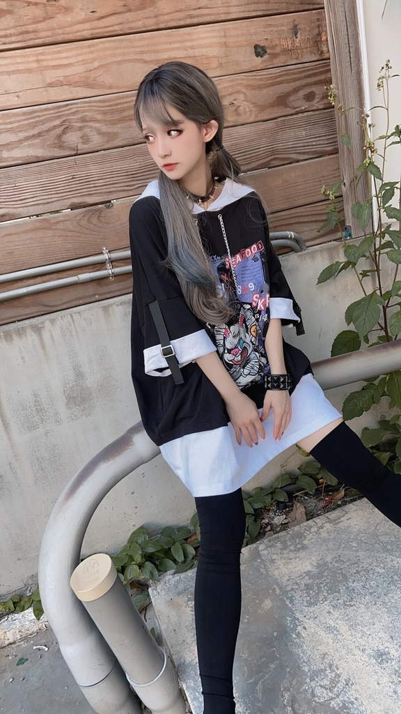 JillpunkオリジナルパンクKERA 闘争神ウサギうさぎ兵器兎鉄の鎖レイヤード白黒ゆったりパーカー メンズ レディー V系カッコいい おしゃれ大きいサイズ男女兼用ファッション秋葉系可愛いお兄系