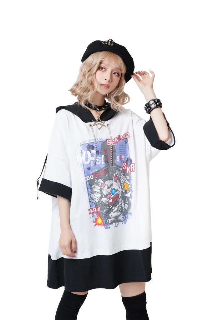 JillpunkオリジナルパンクKERA 闘争神ウサギうさぎ兵器兎鉄の鎖レイヤード白黒ゆったりパーカー メンズ レディー V系カッコいい おしゃれ大きいサイズ男女兼用ファッション秋葉系可愛いお兄系