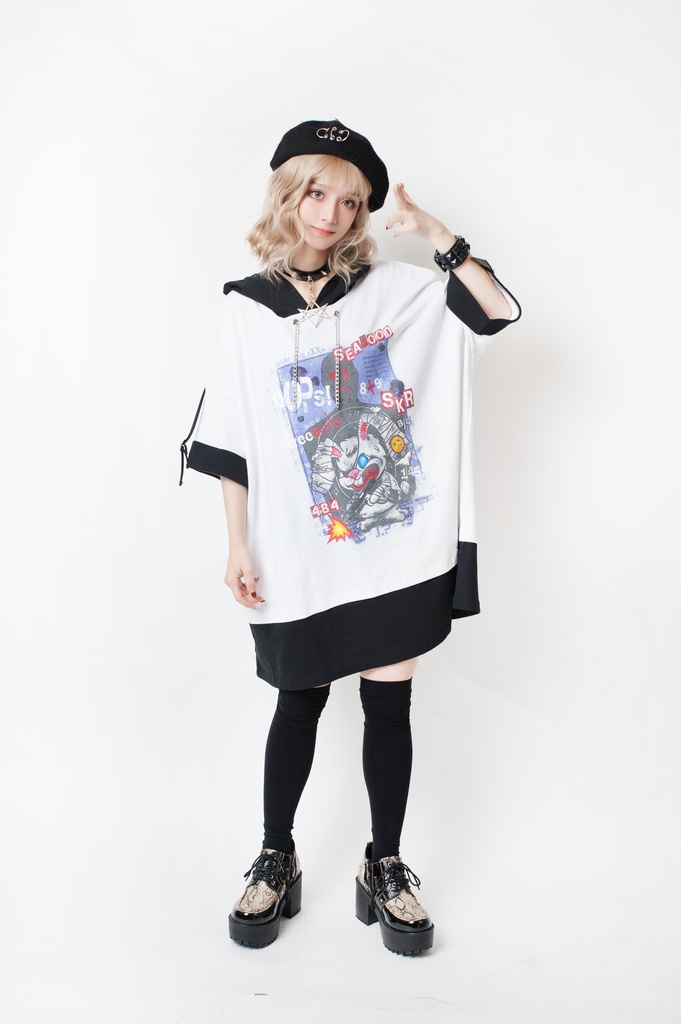 JillpunkオリジナルパンクKERA 闘争神ウサギうさぎ兵器兎鉄の鎖レイヤード白黒ゆったりパーカー メンズ レディー V系カッコいい おしゃれ大きいサイズ男女兼用ファッション秋葉系可愛いお兄系