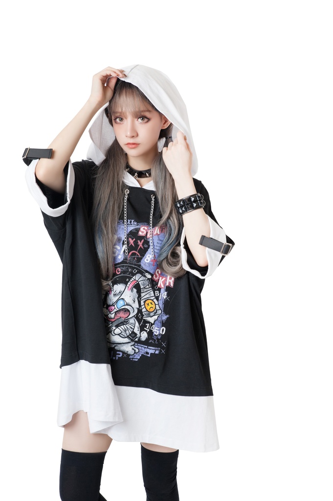 JillpunkオリジナルパンクKERA 闘争神ウサギうさぎ兵器兎鉄の鎖レイヤード白黒ゆったりパーカー メンズ レディー V系カッコいい おしゃれ大きいサイズ男女兼用ファッション秋葉系可愛いお兄系