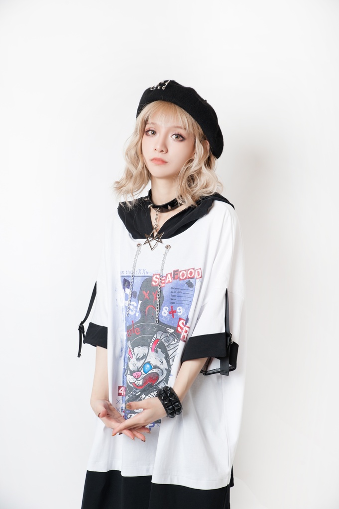 JillpunkオリジナルパンクKERA 闘争神ウサギうさぎ兵器兎鉄の鎖レイヤード白黒ゆったりパーカー メンズ レディー V系カッコいい おしゃれ大きいサイズ男女兼用ファッション秋葉系可愛いお兄系