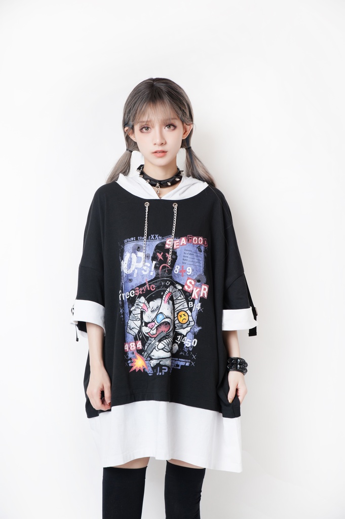 JillpunkオリジナルパンクKERA 闘争神ウサギうさぎ兵器兎鉄の鎖レイヤード白黒ゆったりパーカー メンズ レディー V系カッコいい おしゃれ大きいサイズ男女兼用ファッション秋葉系可愛いお兄系