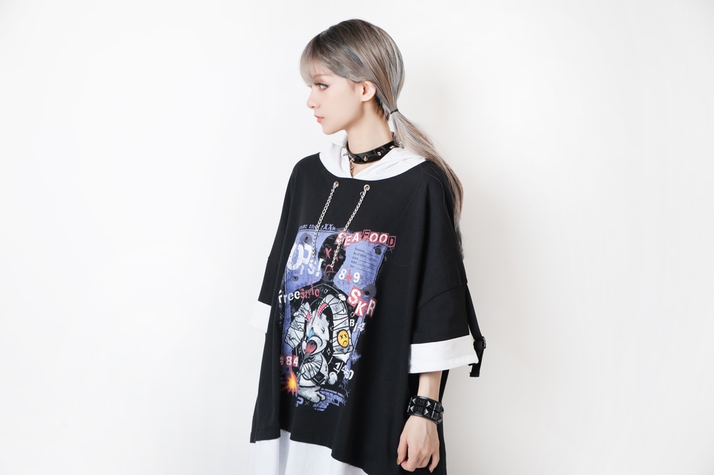 JillpunkオリジナルパンクKERA 闘争神ウサギうさぎ兵器兎鉄の鎖レイヤード白黒ゆったりパーカー メンズ レディー V系カッコいい おしゃれ大きいサイズ男女兼用ファッション秋葉系可愛いお兄系