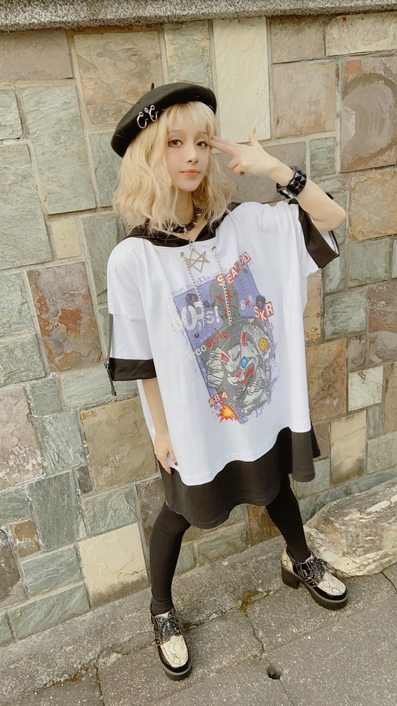 JillpunkオリジナルパンクKERA 闘争神ウサギうさぎ兵器兎鉄の鎖レイヤード白黒ゆったりパーカー メンズ レディー V系カッコいい おしゃれ大きいサイズ男女兼用ファッション秋葉系可愛いお兄系