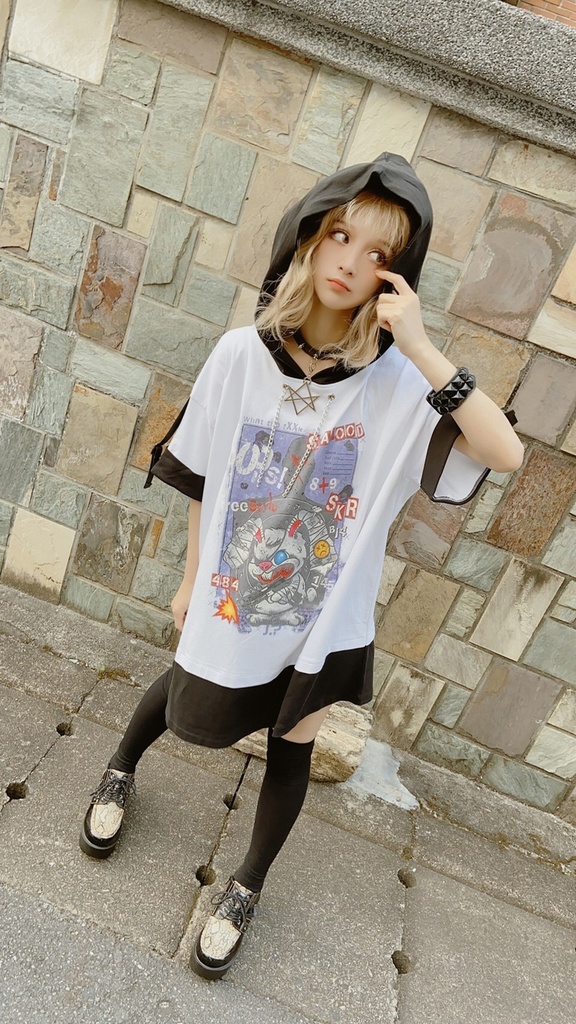 JillpunkオリジナルパンクKERA 闘争神ウサギうさぎ兵器兎鉄の鎖レイヤード白黒ゆったりパーカー メンズ レディー V系カッコいい おしゃれ大きいサイズ男女兼用ファッション秋葉系可愛いお兄系