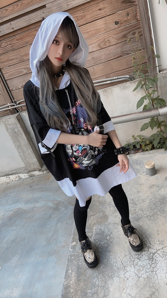 JillpunkオリジナルパンクKERA 闘争神ウサギうさぎ兵器兎鉄の鎖レイヤード白黒ゆったりパーカー メンズ レディー V系カッコいい おしゃれ大きいサイズ男女兼用ファッション秋葉系可愛いお兄系