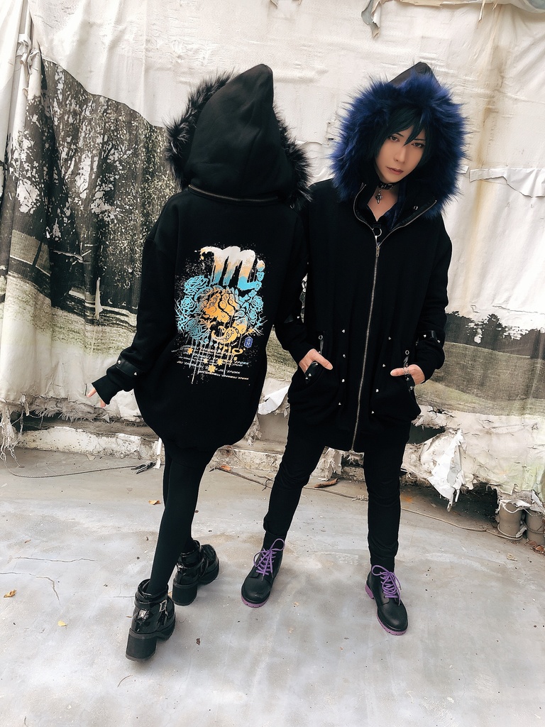 JillpunkオリジナルパンクKERA 死星宿曜さそり座フェイクレザースパイクリベット裏起毛パーカージャケット メンズ レディー V系 おしゃれ大きいサイズ男女兼用ファッション