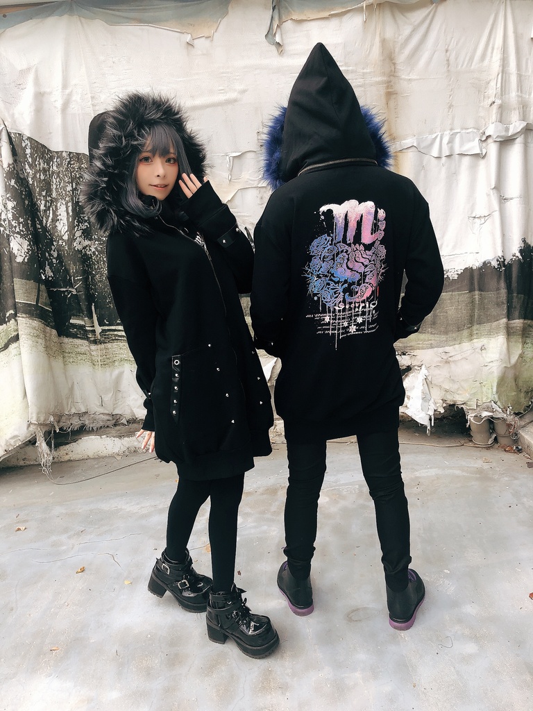 JillpunkオリジナルパンクKERA 死星宿曜さそり座フェイクレザースパイクリベット裏起毛パーカージャケット メンズ レディー V系 おしゃれ大きいサイズ男女兼用ファッション