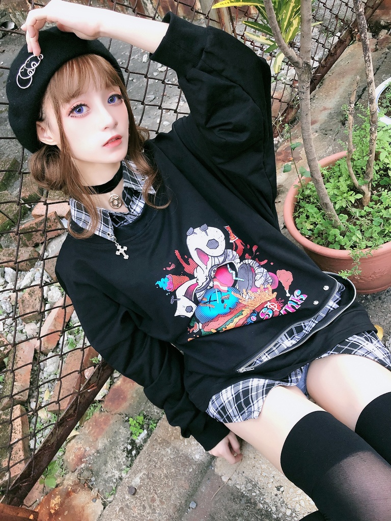 JillpunkオリジナルパンクKERA ハンバーガーモンスタータータンチェック兎柄シャツカラーレイヤードカットソーOVERSIZEゆったりTシャツ メンズ レディーズ ストリート系 カジュアル おしゃれ男女兼用ヒップホップ ハロウィンHALLOWEEN