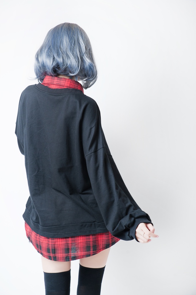 JillpunkオリジナルパンクKERA ハンバーガーモンスタータータンチェック兎柄シャツカラーレイヤードカットソーOVERSIZEゆったりTシャツ メンズ レディーズ ストリート系 カジュアル おしゃれ男女兼用ヒップホップ ハロウィンHALLOWEEN