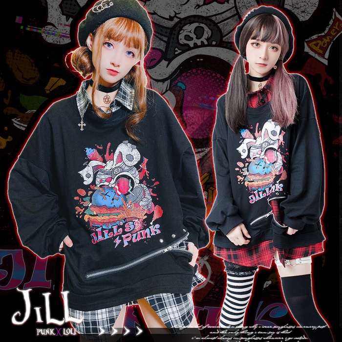 JillpunkオリジナルパンクKERA ハンバーガーモンスタータータンチェック兎柄シャツカラーレイヤードカットソーOVERSIZEゆったりTシャツ メンズ レディーズ ストリート系 カジュアル おしゃれ男女兼用ヒップホップ ハロウィンHALLOWEEN