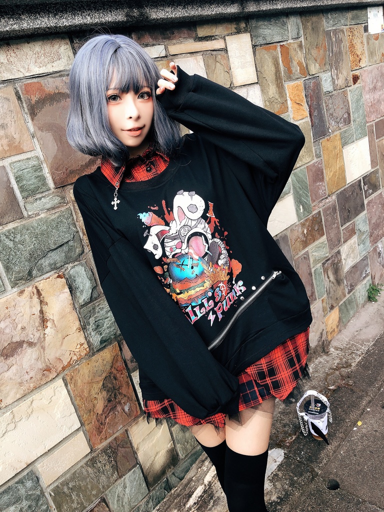 JillpunkオリジナルパンクKERA ハンバーガーモンスタータータンチェック兎柄シャツカラーレイヤードカットソーOVERSIZEゆったりTシャツ メンズ レディーズ ストリート系 カジュアル おしゃれ男女兼用ヒップホップ ハロウィンHALLOWEEN