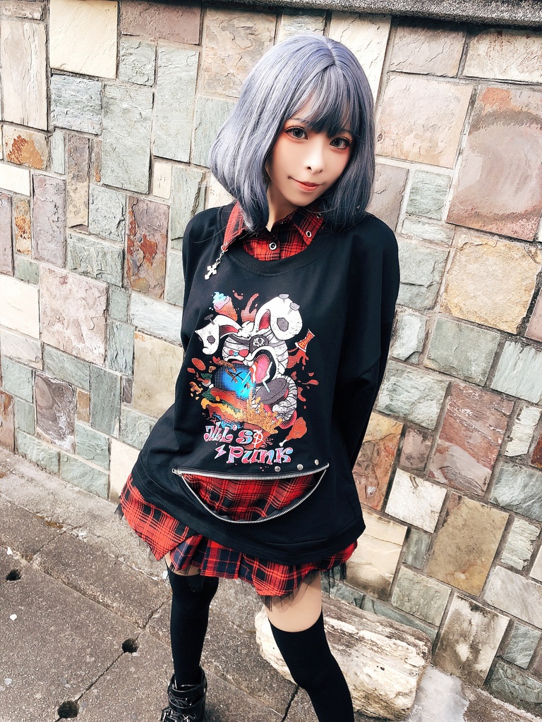 JillpunkオリジナルパンクKERA ハンバーガーモンスタータータンチェック兎柄シャツカラーレイヤードカットソーOVERSIZEゆったりTシャツ メンズ レディーズ ストリート系 カジュアル おしゃれ男女兼用ヒップホップ ハロウィンHALLOWEEN