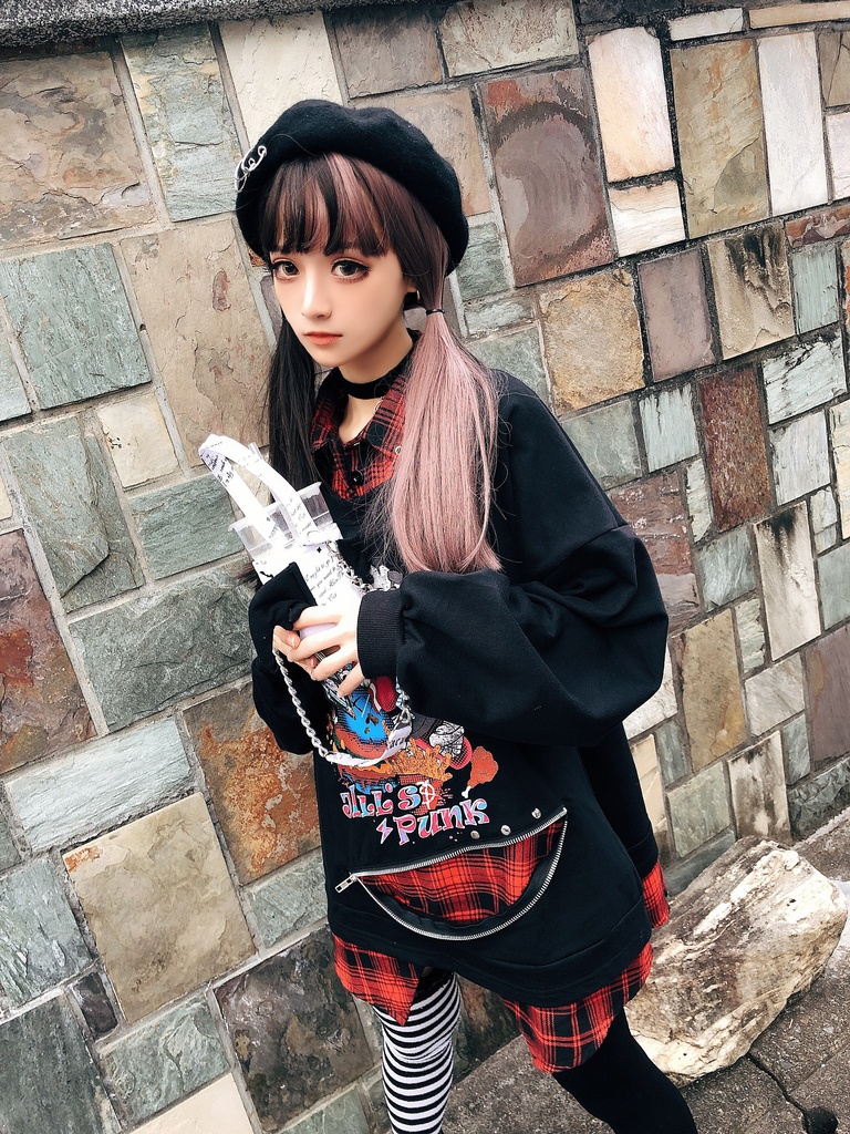 JillpunkオリジナルパンクKERA ハンバーガーモンスタータータンチェック兎柄シャツカラーレイヤードカットソーOVERSIZEゆったりTシャツ メンズ レディーズ ストリート系 カジュアル おしゃれ男女兼用ヒップホップ ハロウィンHALLOWEEN