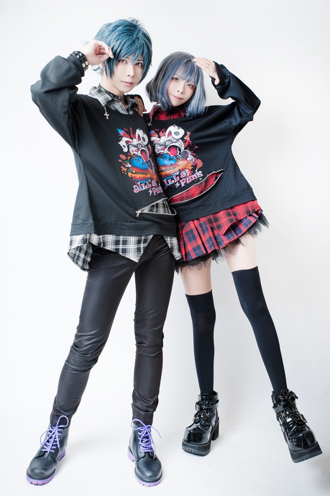 JillpunkオリジナルパンクKERA ハンバーガーモンスタータータンチェック兎柄シャツカラーレイヤードカットソーOVERSIZEゆったりTシャツ メンズ レディーズ ストリート系 カジュアル おしゃれ男女兼用ヒップホップ ハロウィンHALLOWEEN