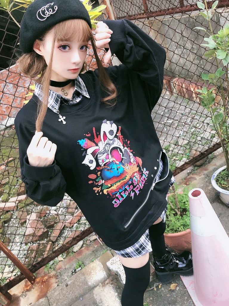JillpunkオリジナルパンクKERA ハンバーガーモンスタータータンチェック兎柄シャツカラーレイヤードカットソーOVERSIZEゆったりTシャツ メンズ レディーズ ストリート系 カジュアル おしゃれ男女兼用ヒップホップ ハロウィンHALLOWEEN