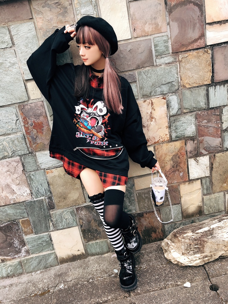 JillpunkオリジナルパンクKERA ハンバーガーモンスタータータンチェック兎柄シャツカラーレイヤードカットソーOVERSIZEゆったりTシャツ メンズ レディーズ ストリート系 カジュアル おしゃれ男女兼用ヒップホップ ハロウィンHALLOWEEN