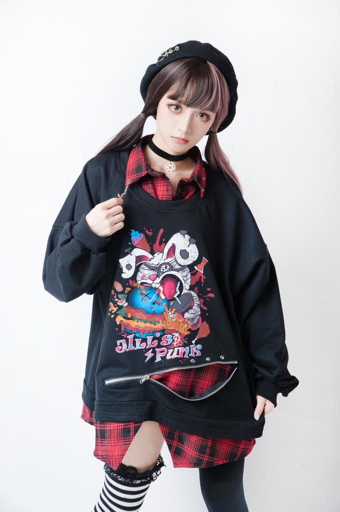 JillpunkオリジナルパンクKERA ハンバーガーモンスタータータンチェック兎柄シャツカラーレイヤードカットソーOVERSIZEゆったりTシャツ メンズ レディーズ ストリート系 カジュアル おしゃれ男女兼用ヒップホップ ハロウィンHALLOWEEN