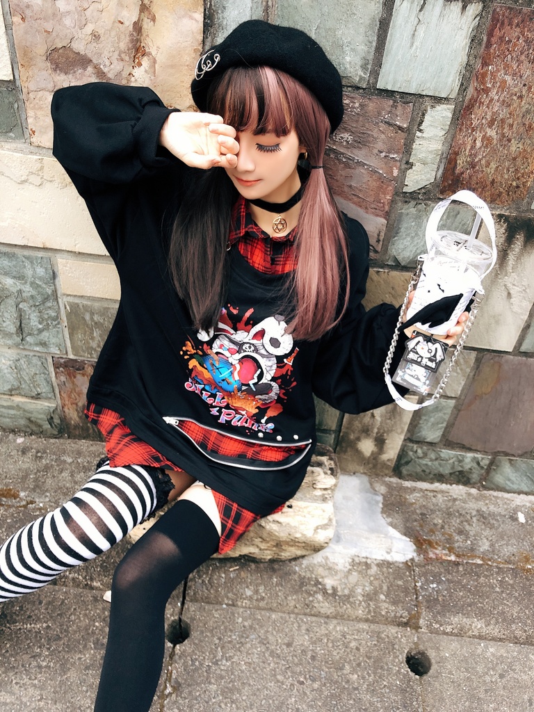 JillpunkオリジナルパンクKERA ハンバーガーモンスタータータンチェック兎柄シャツカラーレイヤードカットソーOVERSIZEゆったりTシャツ メンズ レディーズ ストリート系 カジュアル おしゃれ男女兼用ヒップホップ ハロウィンHALLOWEEN