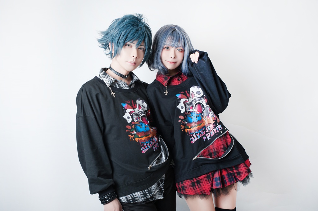 JillpunkオリジナルパンクKERA ハンバーガーモンスタータータンチェック兎柄シャツカラーレイヤードカットソーOVERSIZEゆったりTシャツ メンズ レディーズ ストリート系 カジュアル おしゃれ男女兼用ヒップホップ ハロウィンHALLOWEEN