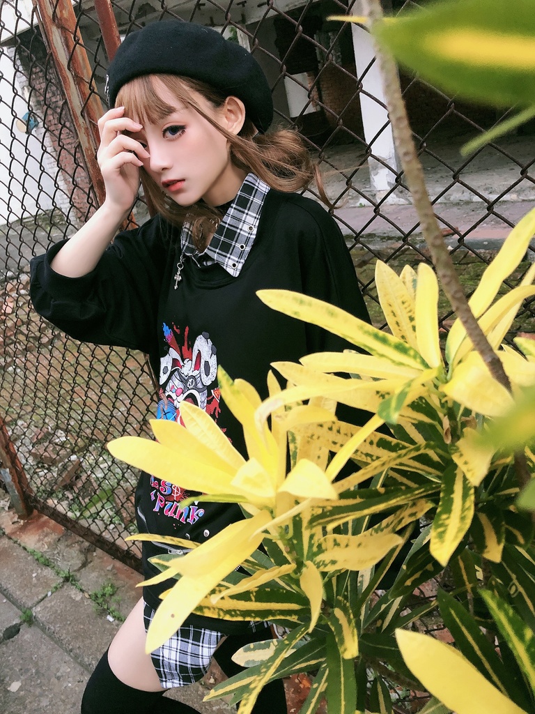 JillpunkオリジナルパンクKERA ハンバーガーモンスタータータンチェック兎柄シャツカラーレイヤードカットソーOVERSIZEゆったりTシャツ メンズ レディーズ ストリート系 カジュアル おしゃれ男女兼用ヒップホップ ハロウィンHALLOWEEN