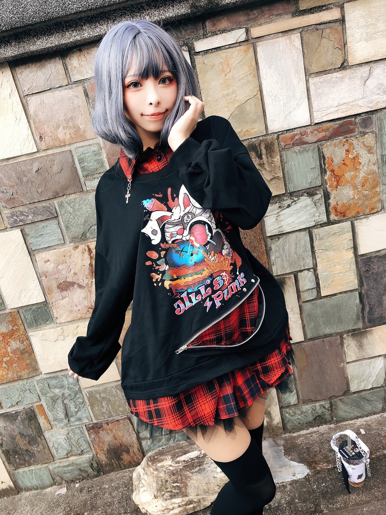 JillpunkオリジナルパンクKERA ハンバーガーモンスタータータンチェック兎柄シャツカラーレイヤードカットソーOVERSIZEゆったりTシャツ メンズ レディーズ ストリート系 カジュアル おしゃれ男女兼用ヒップホップ ハロウィンHALLOWEEN
