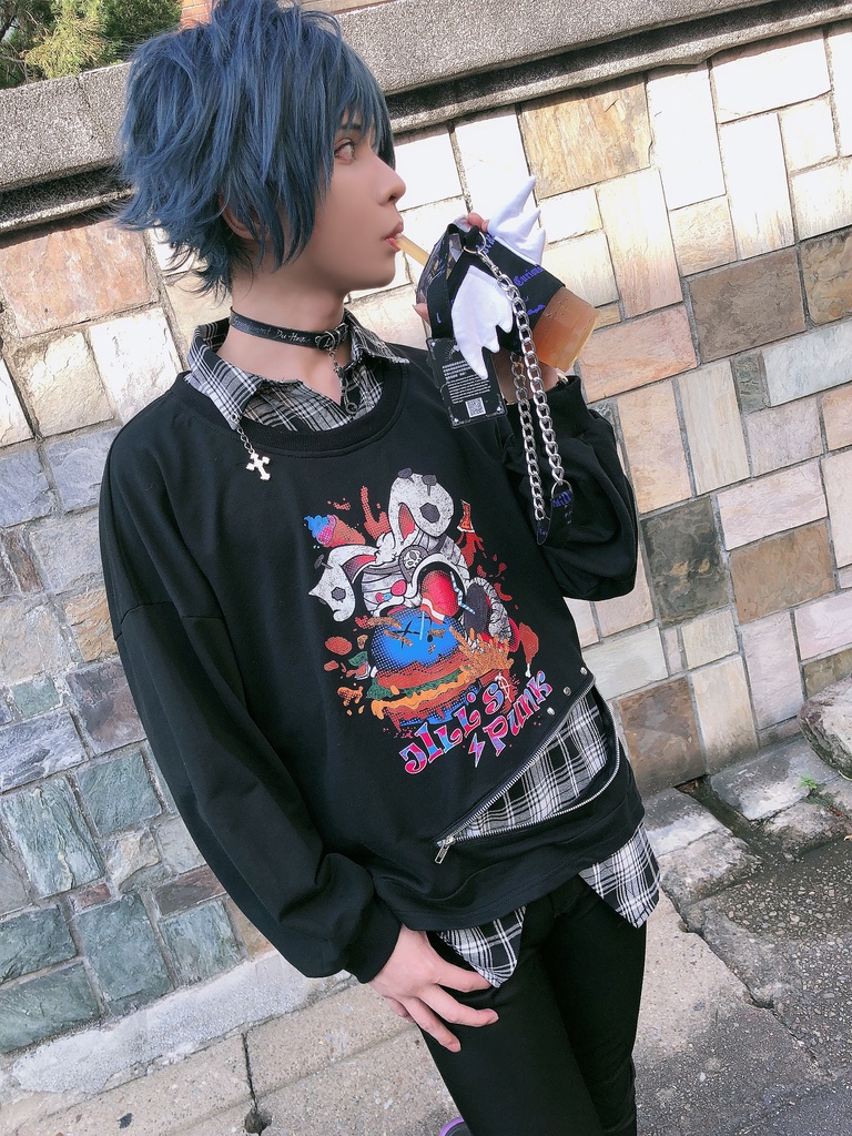 JillpunkオリジナルパンクKERA ハンバーガーモンスタータータンチェック兎柄シャツカラーレイヤードカットソーOVERSIZEゆったりTシャツ メンズ レディーズ ストリート系 カジュアル おしゃれ男女兼用ヒップホップ ハロウィンHALLOWEEN