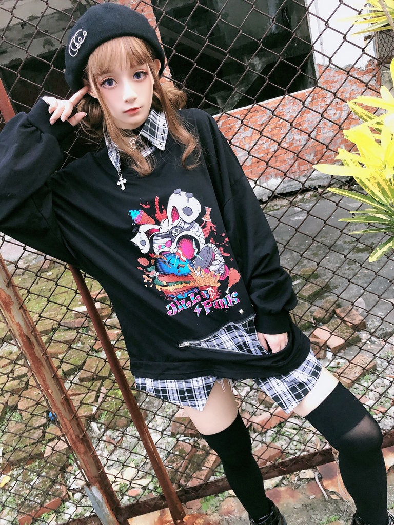 JillpunkオリジナルパンクKERA ハンバーガーモンスタータータンチェック兎柄シャツカラーレイヤードカットソーOVERSIZEゆったりTシャツ メンズ レディーズ ストリート系 カジュアル おしゃれ男女兼用ヒップホップ ハロウィンHALLOWEEN