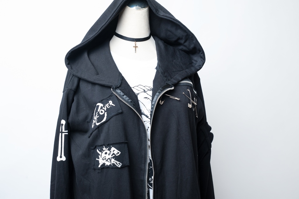 JillpunkオリジナルKERA コルウスからす座安全ピン付きゆったり付け札パーカージャケット メンズ レディーズ パンクロック カジュアル おしゃれ大きいサイズ男女兼用ヒップホップ