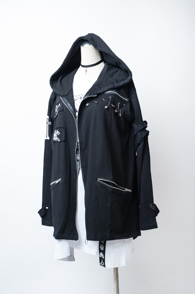 JillpunkオリジナルKERA コルウスからす座安全ピン付きゆったり付け札パーカージャケット メンズ レディーズ パンクロック カジュアル おしゃれ大きいサイズ男女兼用ヒップホップ