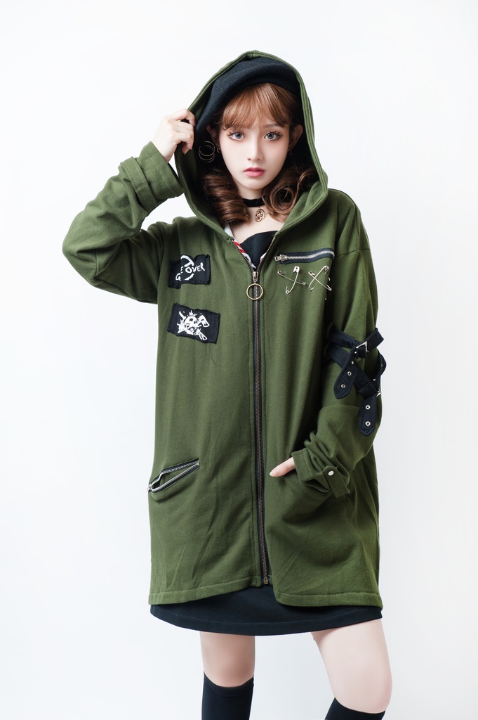 JillpunkオリジナルKERA コルウスからす座安全ピン付きゆったり付け札パーカージャケット メンズ レディーズ パンクロック カジュアル おしゃれ大きいサイズ男女兼用ヒップホップ