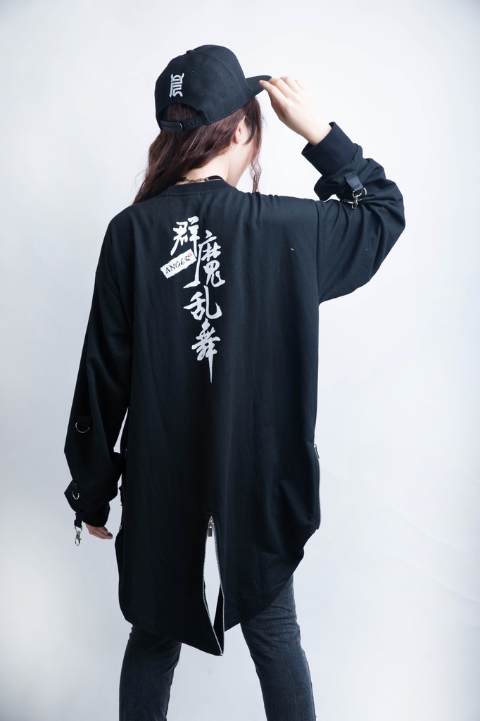 JillpunkオリジナルパンクKERA怪乱舞ayakashi 陰陽師百鬼夜行絡新婦女郎蜘蛛紐付きゆったりディップヘムTシャツ メンズ レディース V系