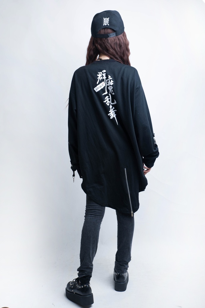 JillpunkオリジナルパンクKERA怪乱舞ayakashi 陰陽師百鬼夜行絡新婦女郎蜘蛛紐付きゆったりディップヘムTシャツ メンズ レディース V系