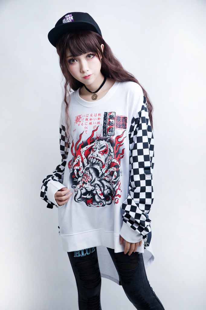 JillpunkオリジナルパンクKERA怪乱舞ayakashi 陰陽師百鬼夜行絡新婦女郎蜘蛛紐付きゆったりディップヘムTシャツ メンズ レディース V系