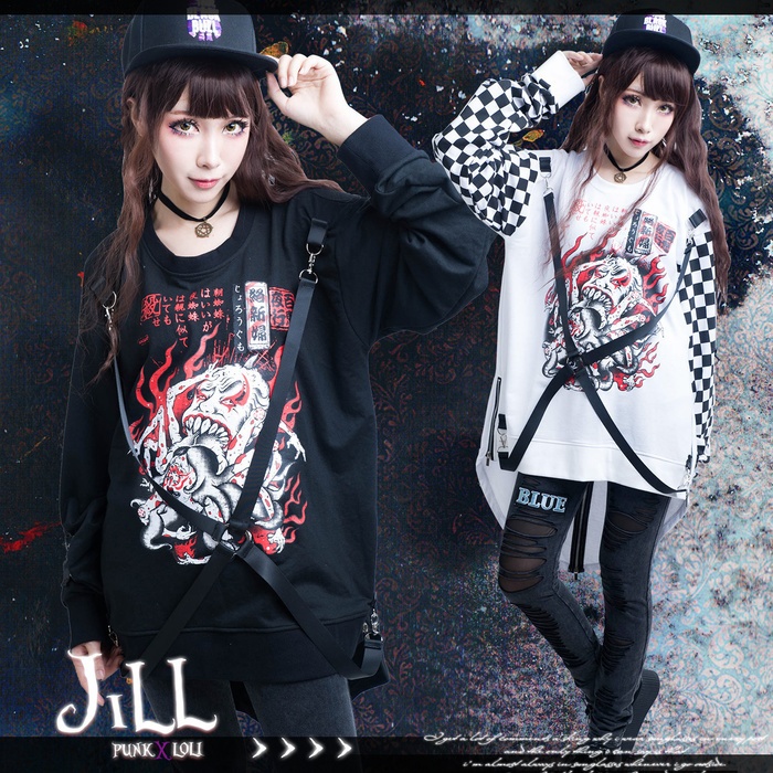 JillpunkオリジナルパンクKERA怪乱舞ayakashi 陰陽師百鬼夜行絡新婦女郎蜘蛛紐付きゆったりディップヘムTシャツ メンズ レディース V系