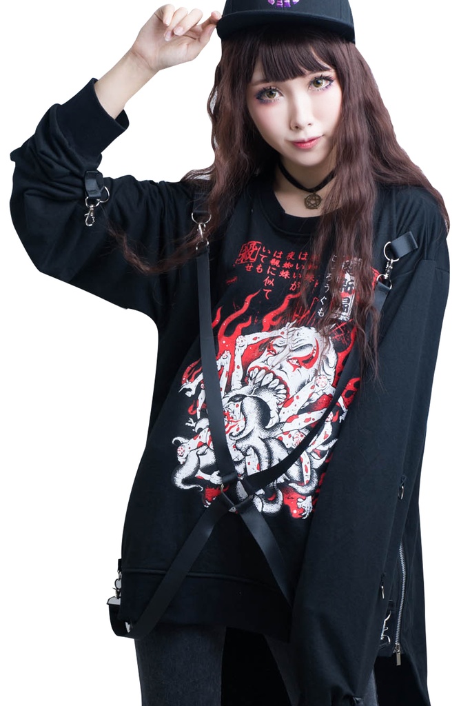 JillpunkオリジナルパンクKERA怪乱舞ayakashi 陰陽師百鬼夜行絡新婦女郎蜘蛛紐付きゆったりディップヘムTシャツ メンズ レディース V系