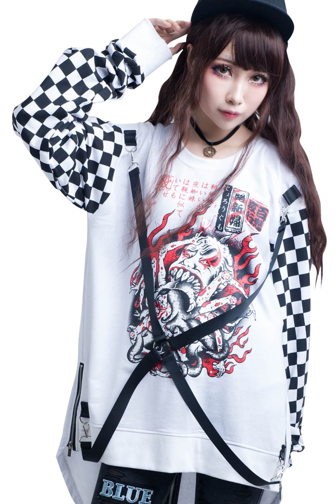 JillpunkオリジナルパンクKERA怪乱舞ayakashi 陰陽師百鬼夜行絡新婦女郎蜘蛛紐付きゆったりディップヘムTシャツ メンズ レディース V系