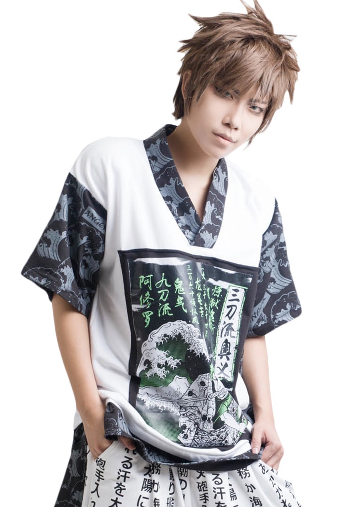 Jillpunkオリジナルスタイル V系KERA 津波浮世絵和風アシュラ三刀流武士VネックゆったりTシャツパンク V系 メンズ レディース