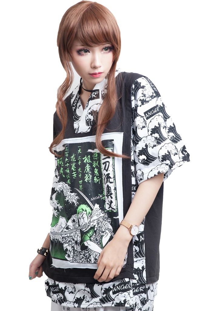 Jillpunkオリジナルスタイル V系KERA 津波浮世絵和風アシュラ三刀流武士VネックゆったりTシャツパンク V系 メンズ レディース